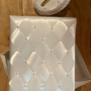 Elegant White Satin Wedding guest log and pen holder